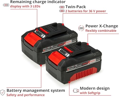 Einhell 18V 4.0Ah Cordless Tool Battery Lithium-Ion Twin Pack - 2 x 4,0Ah Batteries, Power X-Change, Universally Compatible With All Einhell PXC Power Tools And Garden Machines 4511489