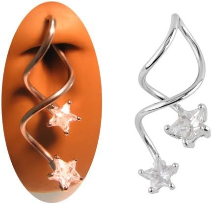 Unique Spiral Long Twist w/Cz Double Star's Belly Button or Industrial Ear Piercing Navel Ring 14 Gauge