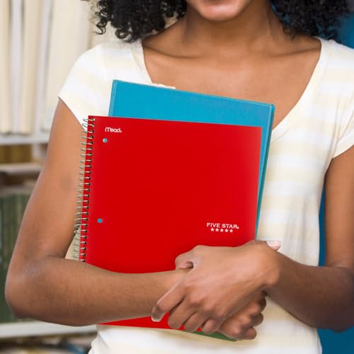 Image of Five Star Spiral Notebook + Study App, 5 Subject, College Ruled Paper, 8-1 /2 inch x 11 inch, 200 Sheets, Fights Ink Bleed, Water Resistant Cover, Fire Red (72077) (Pack of 2)