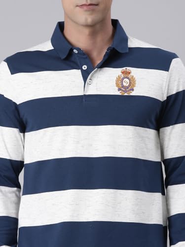 Image of Classic Polo Men's Full Sleeve Navy /Off-White Polo Neck Slim Fit Colorblock Cotton T-Shirt