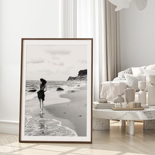 Image of FLYJOE 27x40 Oak Wood Picture Frame with Mat for 24x36, 27 by 40 USA-Sourced Natural Solid Wooden Poster Frame for Wall Display, Tempered Real Glass, Hanging Hardware Included, 1 Pack, Walnut Color