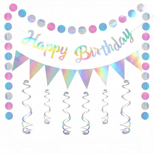 Zlokdraxy Guirlande Happy Birthday Déco Anniversaire Argentée Holographique Iridescente, Luftschlangen Wimpelkette pour Fête d’Enfant et Adulte
