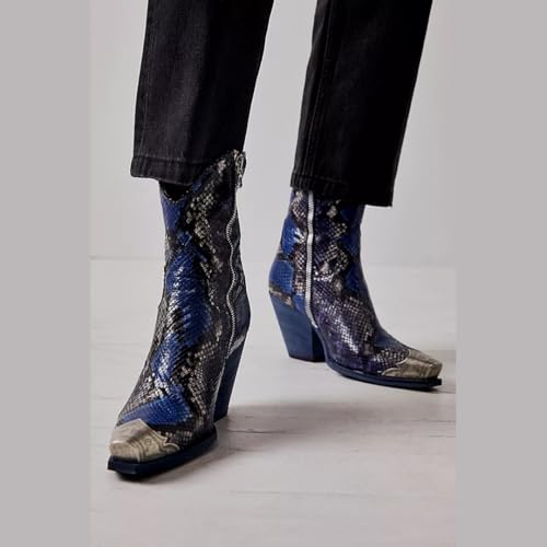 Image of keleimusi Women's Western Cowgirl Ankle Boots Stacked Block Heel Cowboy Booties Steel Toe Heeled Short Cowboy Boots Side Zipper Western Booties