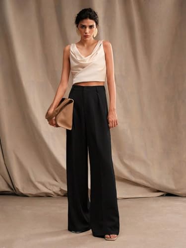 Image of Elendra Cotton Blend Wide Leg Pants for Women | HIGH Waist Formal Baggy Pants