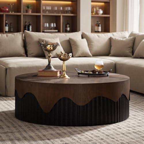 Image of WOODEN SPACE WaveEdge Round Center Table | Modern Designer Coffee Table for Living Room | HDHMR & Wooden Build | Fluted Base Luxury Center Table