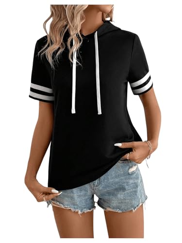 Milumia Women Color Block Workout Short Sleeve Hoodie Top Athletic Active Hooded Pullover T Shirt Tops3