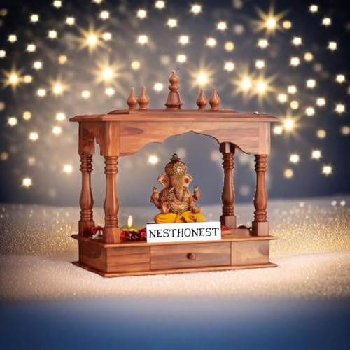 Image of Wall Mounted Solid Sheesham Wood Puja Mandir for Home Solid Wooden Temple for Puja Room with 1 Drawer Storage Pooja Ghar Wooden Furniture for Pooja Room Sheesham Wood, Honey Finish