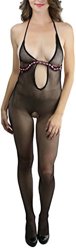 Image of ToBeInStyle Women's Bodystocking Crotchless Peek-A-Boo Fishnet Lace Bodysuit