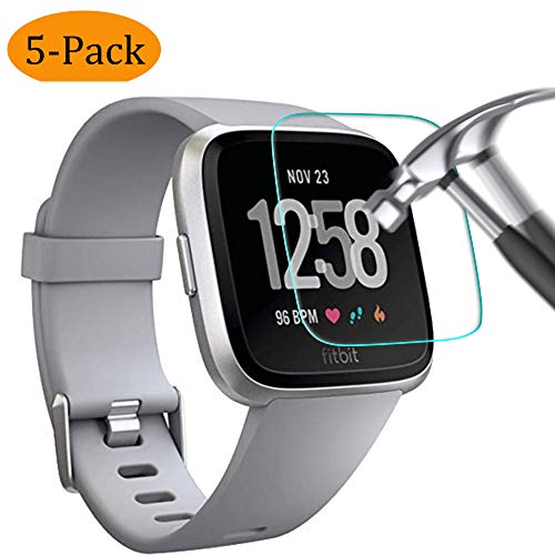 [5 Pack] Compatible for Fitbit Versa Screen Protector Tempered Glass, Fotbor Waterproof 9H Hardness HD Clear [No-Bubble] Anti- Scratch Easy Installation Film for Fitbit Versa Accessories (Clear)