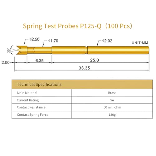 Image of Spring Test Probes, 100Pcs P125-Q High Accuracy Round Pogo Pins for PCB Board Testing Contact