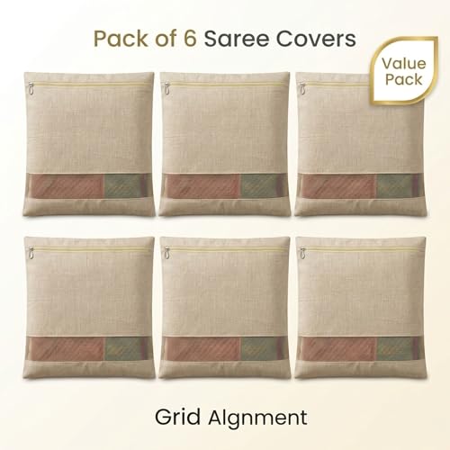 Image of Cotton Saree Cover Bags Set of 6 - Breathable Clothes Storage Organizer for Saree, Garments | Foldable Zip Wardrobe Bags with Transparent Mesh Window | Dustproof Closet & Travel Use