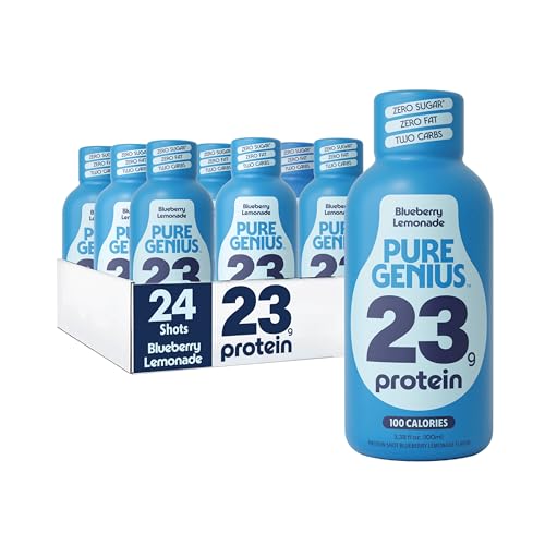 Pure Genius 23g Protein Shot Drink | 100 Calories No Sugar No Fat Whey & Collagen Gluten Free Keto Friendly No Artificial Flavors or Sweeteners TSA Size 3.38 Fl Oz Blueberry Lemonade (24 Pack)