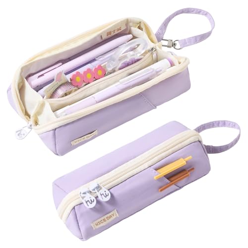LonJit 180 Full Open Pencil Case for Girls - Small Purple Pencil Case Pouch with Carry Handle School and Office Supply Organizerpurple