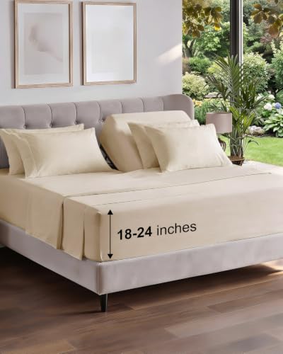Image of CGK Unlimited Extra Deep Flex Top Split Head King Sheet Set - 6 Piece Breathable and Cooling Sheets - Hotel Luxury Bedding for Women, Men, Kids & Teens - Easy Secure Fit - Extra Deep Pockets - Cream