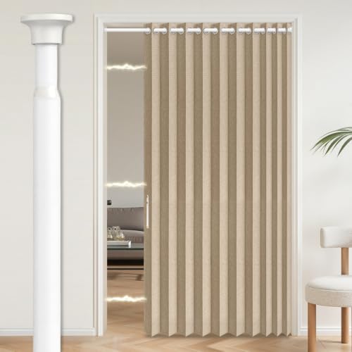 Image of AJAZZ Blackout Accordion Door Interior with Curtain Rods Adjustable 28-52 inch Long, Magnetic Door Curtain for Bedroom Living Room Kitchen Doors Curtains Set, 1 Pack, W52 x L80 in, Brown
