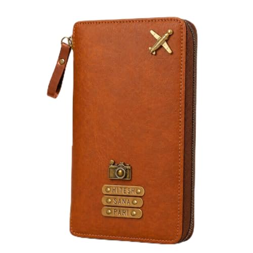 Image of The Junket Personalised Zipper Family Travel Passport Holder Organizer | Holds Up to 3 Passports | Water-Resistant Faux Leather Document Organizer Wallet (Tan)
