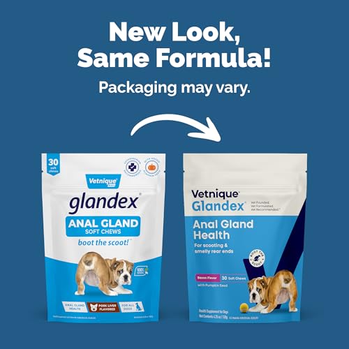 Image of Vetnique Glandex Anal Gland Soft Chew Treats with Pumpkin for Dogs Digestive Enzymes, Probiotics Fiber Supplement for Dogs Boot The Scoot (Bacon Flavor Chews, 30 Count) (Pack of 2)