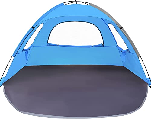 NXONE Beach Tent Sun Shade Shelter for 2-3 Person with UV Protection, Extended Floor, 3 Mesh Roll Up Windows & 8.0mm Fiberglass Rods丨Carry Bag Included (Sky Blue)