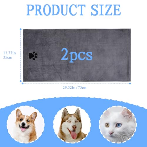 AMSGANK Hundehandtuch, 2 Stück Microfaser Handtücher für Hunde und Katzen Hundehandtuch Extra Saugfähig, Schnell Trocknend, Kuschelweich, Maschinenwaschbar (75 x 35 cm, Grau)