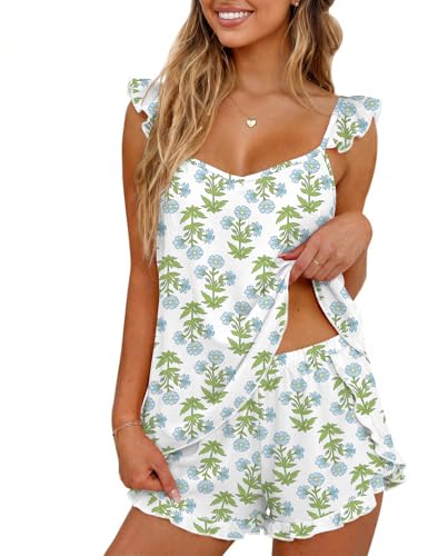 Image of Ekouaer Pajamas for Women set 2 Piece Ruffle Tank Top Split Leg Cami Shorts