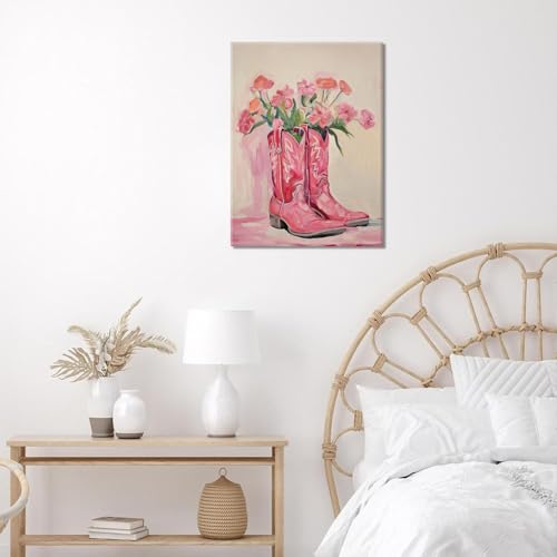 Image of Julaydi Floral Cowgirl Boots Wall Art Pink Cowboy Boots with Flower Painting Western Aesthetic Canvas Prints Poster Trendy Preppy Girls Room Decor Picture for Living Room Bedroom Dorm 12x16in Framed