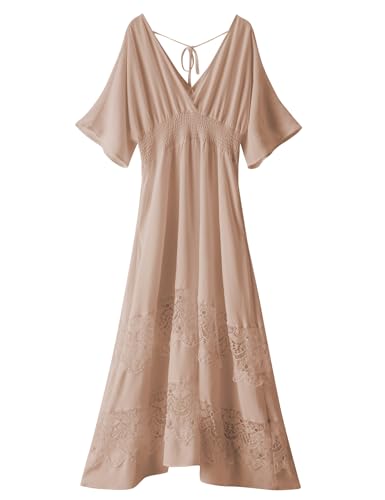 Olaesa Boho Maxi Dress V Neck Short Sleeve Lace Smocked Waist Bohemian Party Dress for Women with Pockets Khaki