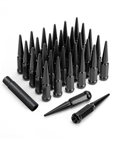 M14x1.5 Spike Lug Nuts 32PCS 14mmx1.5 Spike Lug Nuts Wheel Accessories with 1 Socket Key Compatible with F-ord F-250 F-350 G-MC Sierra 2500 Sierra 3500 Ram 2500 Ram 3500