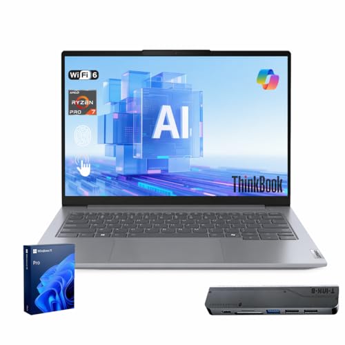 Lenovo ThinkBook 14 Business Laptop 14 FHD+ Touchscreen AMD Ryzen 7 170 16GB DDR5 RAM 512GB SSD Fingerprint Reader 1080p IR Camera HDMI Wi-Fi 6 Windows 11 Pro Bundle w/ 7-in-1 Hub