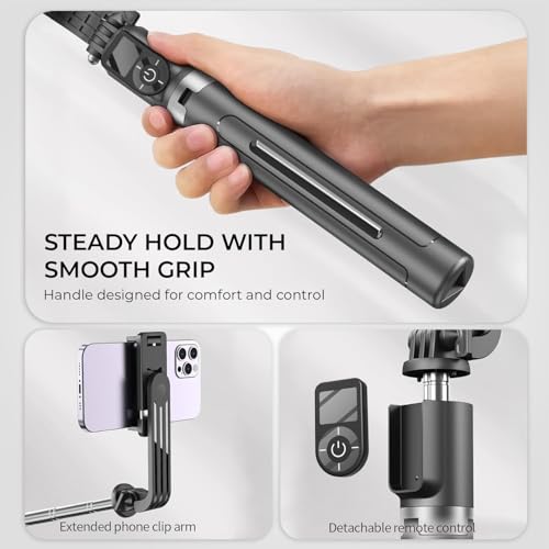 Image of BESTOR Selfie Stick Tripod with Wireless Remote, Extendable 3-in-1 Bluetooth Stand for Vlogging, Photography & Video Calls, Portable & Foldable (Mate Black)