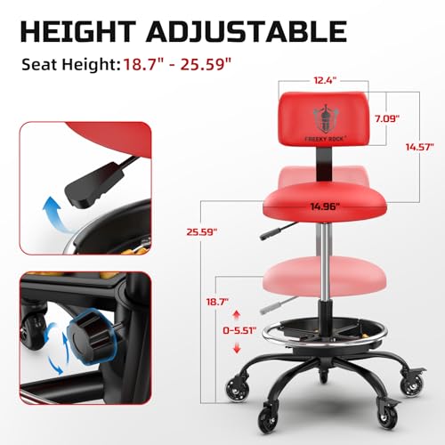 Rolling Shop Stool with Wheels, Garage Mechanic Stool Chair with Backrest, Height Adjustable Heavy Duty Swivel Task Chair, Adjustable Footrest with Storage Tray for Garage Kitchen Salon Tattoo (Red)