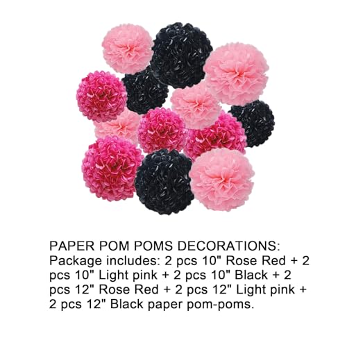 Image of 12pcs Rose Red,Light Pink and Black Paper Pom Poms Decorations for Party Ceiling Wall Hanging Tissue Flowers Decorations - 3 Colors of 12 Inch, 10 Inch.