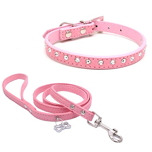 Dogs Kingdom 10 "-16.5" Total Length Suede Skin Jeweled Rhinestones Pet Dog Collar Leash Set Sparkly Crystal Diamonds Studded Leather Puppy Dog Cat Collar Leash Set Pink M #TOP1