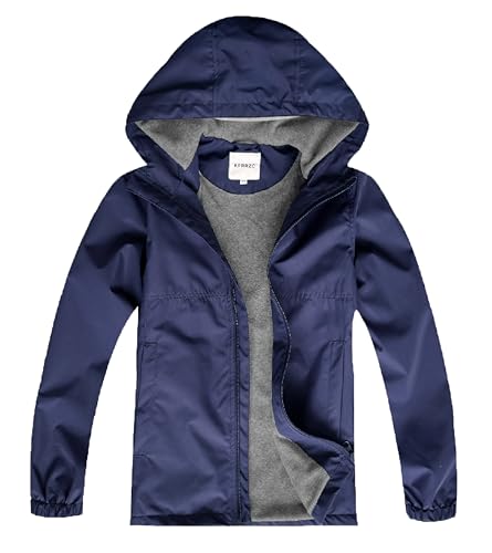 KFRRZC Boys Rain Jackets Waterproof Hooded Fleece Raincoats Lightweight Windbreakers for Kids(Navy,8-9)