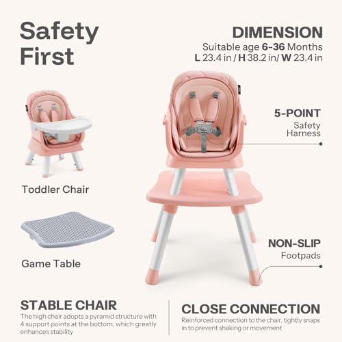 HARPPA 6 in 1 Baby High Chair, Convertible Infant Feeding Chair for Babies & Toddlers Table, Dining Booster Seat with Removable Tray, Pink