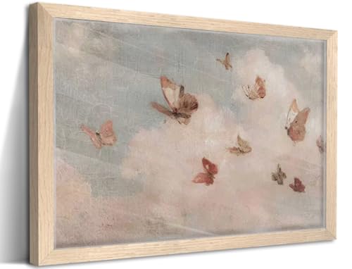Framed Vintage Butterfly Cloud Wall Art Rustic Cottagecore Canvas Print French Country Painting Poster Nursery Girls Picture Wall Decor for Bedroom Livingroom 12x16 Inches Ready to Hang
