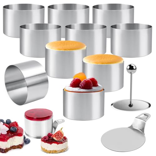 TYBYBB Lot de 10 petits anneaux à dessert et anneaux de service en acier inoxydable 8 cm avec levier et presse-purée pour gâteaux mousseux, desserts, moules à gâteaux