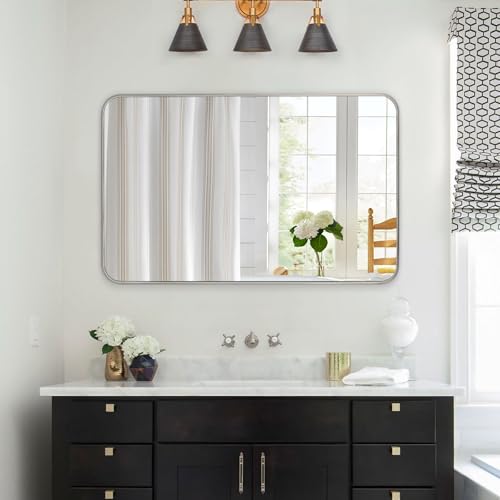 bolrok Espejo de baño de níquel cepillado, marco de metal de 30 x 48 pulgadas, espejo rectangular redondeado plateado moderno espejo de tocador antioxidante para baño, casa de campo montado en la
