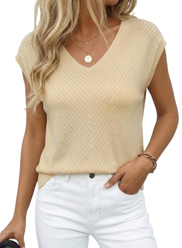 Image of Dokotoo Sweaters for Women 2026 Summer Eyelet Cap Sleeve Knitted Vest V Neck Business Casual Loose Pullover Tank Tops