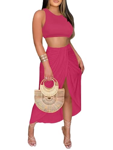LYANER Women's 2 Piece Outfits Sleeveless Tank Crop Top and Wrap Split Slit Ruched Bodycon Midi Skirt
