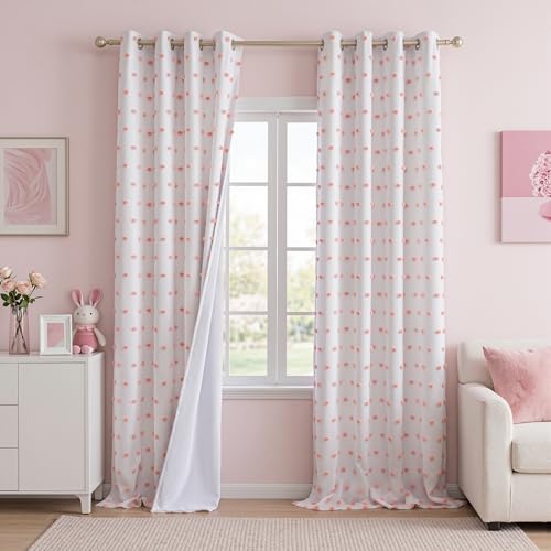 Image of MEETSKY Pink Blackout Curtains for Girls Bedroom,Pom Pom Curtains 50x95 in
