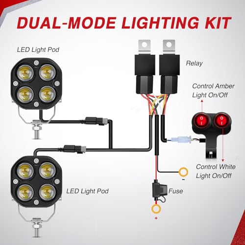Image of Nilight 7 /8 inch Handlebar Motorcycle LED Driving Light Pod 2PCS 3 Inch 40W White Amber Dual Color Spot Beam Fog Auxiliary Offroad Lighting with 16AWG Wiring Harness for 12V Motorbike Dirt Bike e-Bike