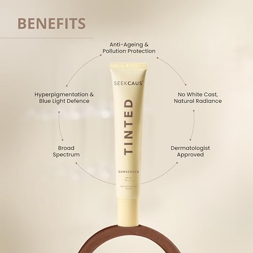 Image of Seekcaus Tinted Sunscreen SPF 50 PA++++ for Men & Women | Broad Spectrum UVA UVB & Blue Light Protection | Non-Sticky Non-Greasy Water & Sweat Resistant | No White Cast | Dermatologist Tested | Suitable for All Skin Types | 50 g