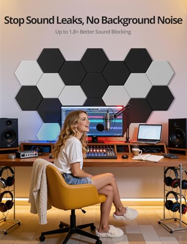 Image of Kuchoow Acoustic Mass Loaded Vinyl Soundproofing Wall Panels Noise Blocker For Ceiling, Hexagon MLV 12 Pack Self Adhesive Sound Absorbing and Proofing Black Tiles for Bedroom,Studio Recording