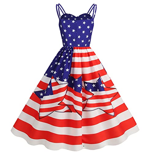 Image of OBEEII Womens 4th of July Dress Retro Spaghetti Strap American Flag Midi Dress Summer Cocktail A-line Swing Dress