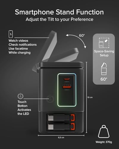 SBS Power Dock 6in1 100W USB-C, Kabelloses Laden 15W, MagSafe-kompatibel, Power Delivery (PD 3.0 PPS), Ladestation mit 2X Einziehbarem Kabel, Netzteil für Notebook, iPhone, AirPods, Schwarz