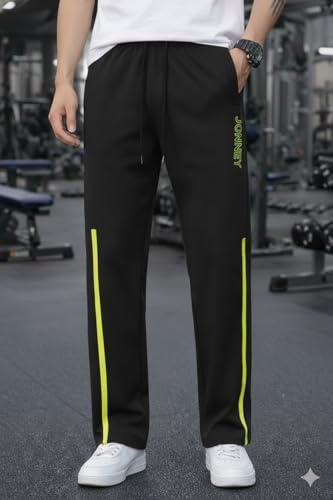 Image of Mack Jonney Men's Track Pants with Neon Yellow Side Stripe | Regular Fit Gym & Sports Lower | Activewear Training Joggers with Drawstring-M7961