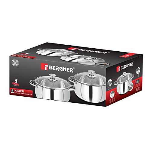 Image of Bergner Acier Stainless Steel Set of 2 Cook and Serve Casserole with 2 Glass Lids, 4 pcs, 2 Casseroles 16cm with 2 Glass Lids, Induction Bottom, Gas Ready, Silver
