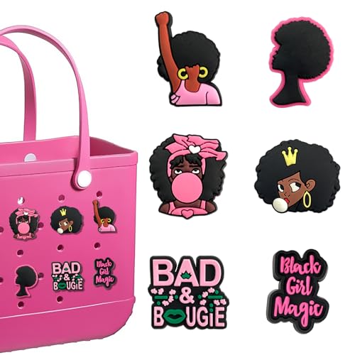 Hikkcos 6Pcs Pink Black Girl Charms for Bogg Bag Clips Insert Bogg Bag Accessories for Women Totes, Bag Charms for Simply Southern Totes,Rubber Tote Bag