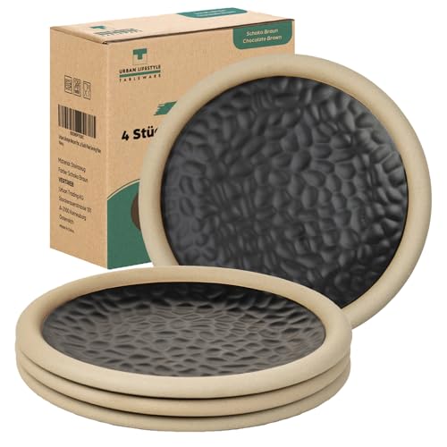 Urban Lifestyle Juego de 4 Platos de Postre Redondos de Cerámica Ø 15 x 2,5 cm – Platos Rústicos de Tarta y Desayuno en Color Marrón Chocolate