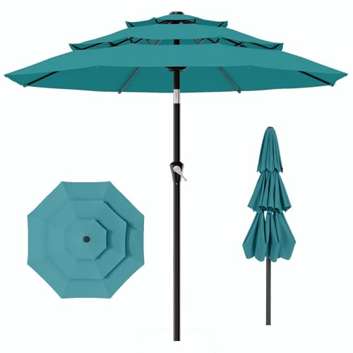 Image of AreShark 9ft 3-Tier Patio Umbrellas, Outdoor Umbrella with 8 Sturdy Ribs UV Protection Windproof, Market Table Umbrella w /Push Button Tilt & Crank for Pool, Porch, Deck, Garden(Lake Blue)